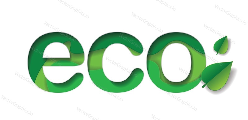 Ecology concept with green eco word and leaves, vector illustration in layered paper art style.
