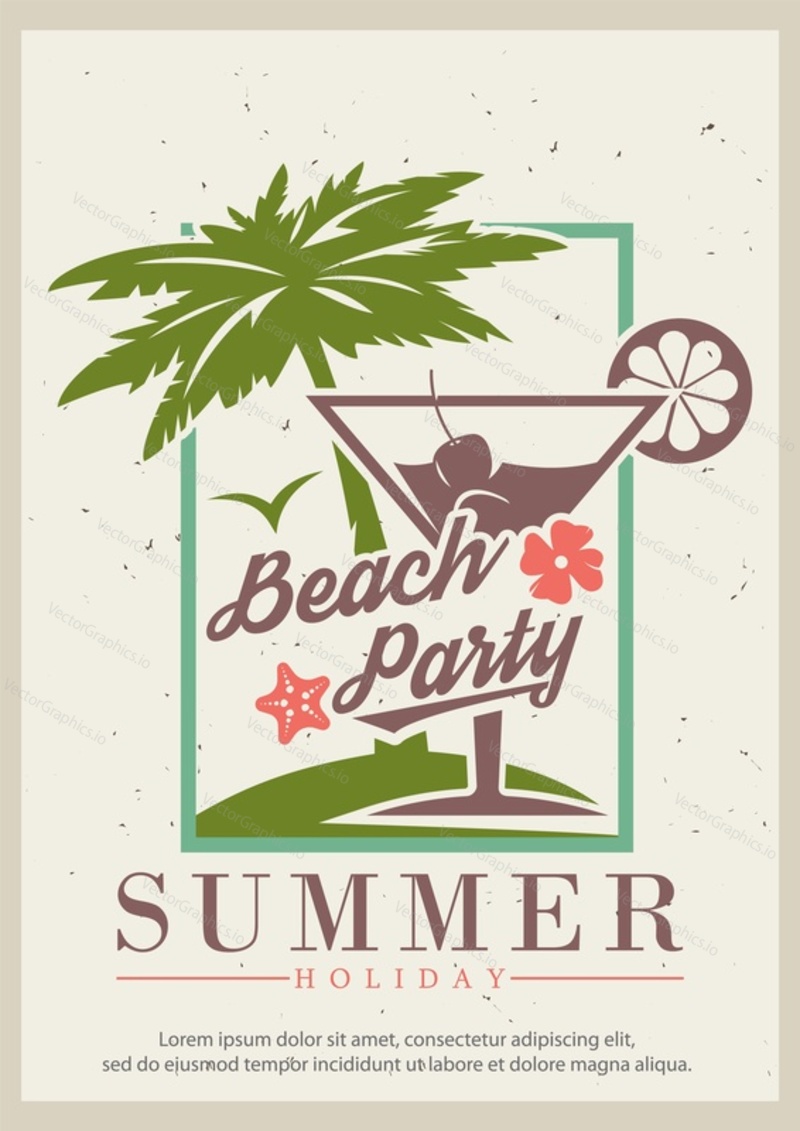 Summer beach party grunge typography poster design template, vector illustration in retro style. Night club disco party concept for banner, flyer.