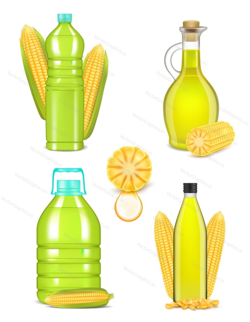Corn oil set. Vector realistic illustration of maize oil glass jug, plastic, glass bottles with corn cobs isolated on white background. Natural cooking ingredient. Corn oil package mockup collection.