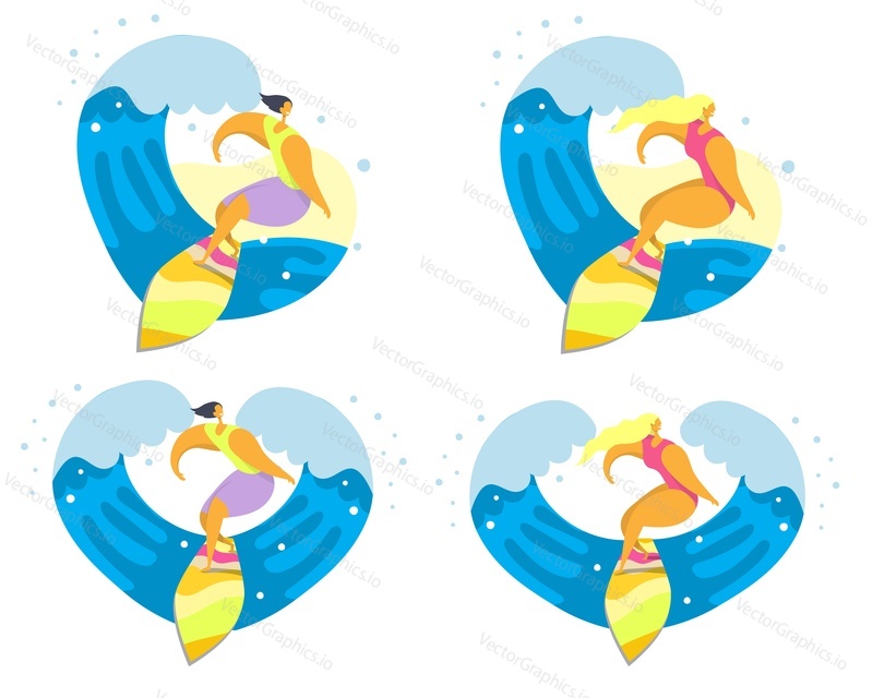 Surfer icon set, vector flat style design illustration isolated on white background. Young men and women cool cartoon characters riding ocean wave.
