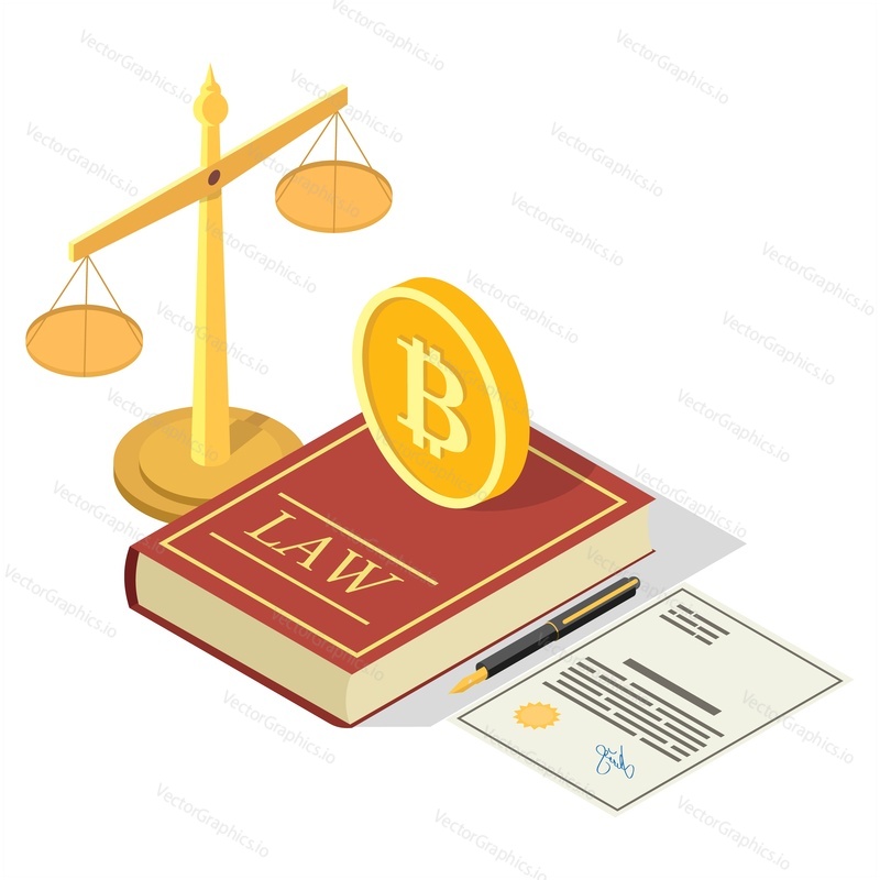 Crypto legalization vector concept illustration. Isometric legal symbols Law book with bitcoin, scales of justice, signed document. Cryptocurrency legislation, digital currency legal regulation.