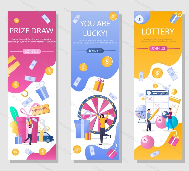 Lottery vertical web banner template set, vector illustration. People playing bingo, keno, lotto lottery games, taking part in prize drawing. Gambling industry.