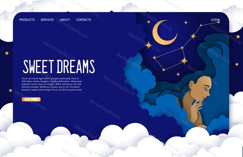 Sweet dreams vector website template, web page and landing page design for website and mobile site development. Layered paper cut style sleeping girl, starry night sky.