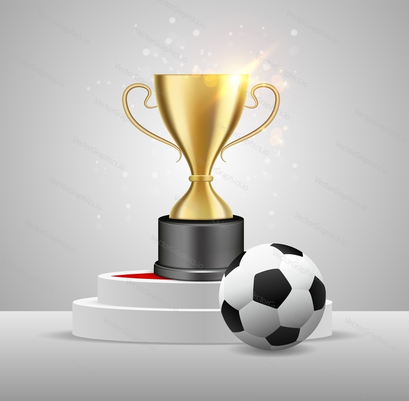 Soccer ball and trophy award on white round podium, vector illustration. Football championship winner composition for poster, banner, emblem, etc.