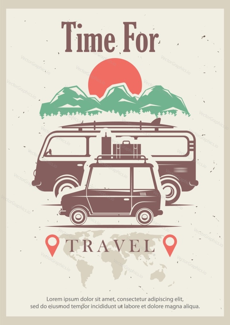 Time for travel grunge typography poster design template, vector illustration in retro style. Traveling by car, minibus vehicles. Summer camping concept for banner, flyer.