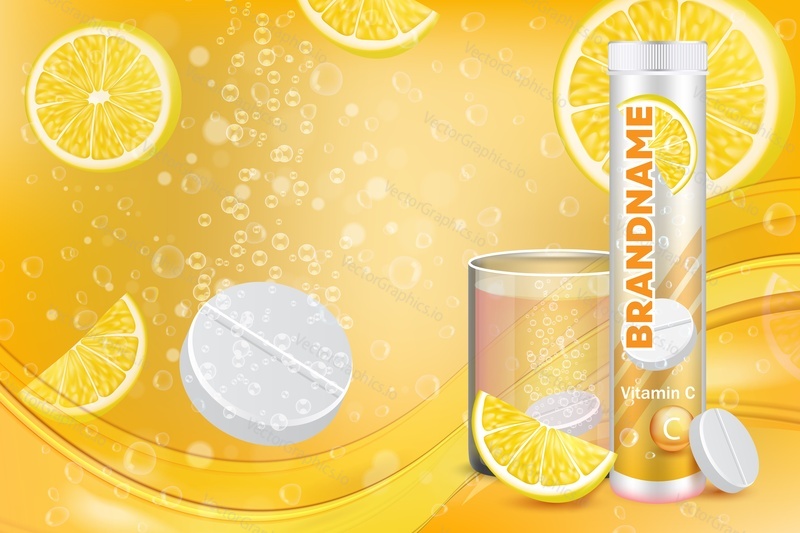 Effervescent vitamin C tablets advertising poster design template. Vector realistic soluble tablets plastic container, glass of water with fizzy pill, lemon slices, sparkling bubbles and copy space.