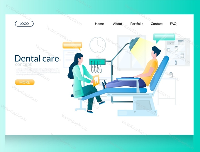 Dental care vector website template, web page and landing page design for website and mobile site development. Stomatology, dentistry services concept with characters doctor and patient in clinic.