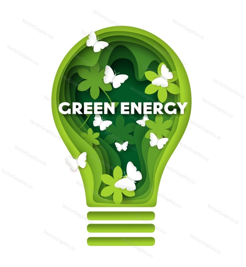 Green energy vector concept illustration in paper art style. Green lamp with flowers and butterflies. Save energy, ecology.