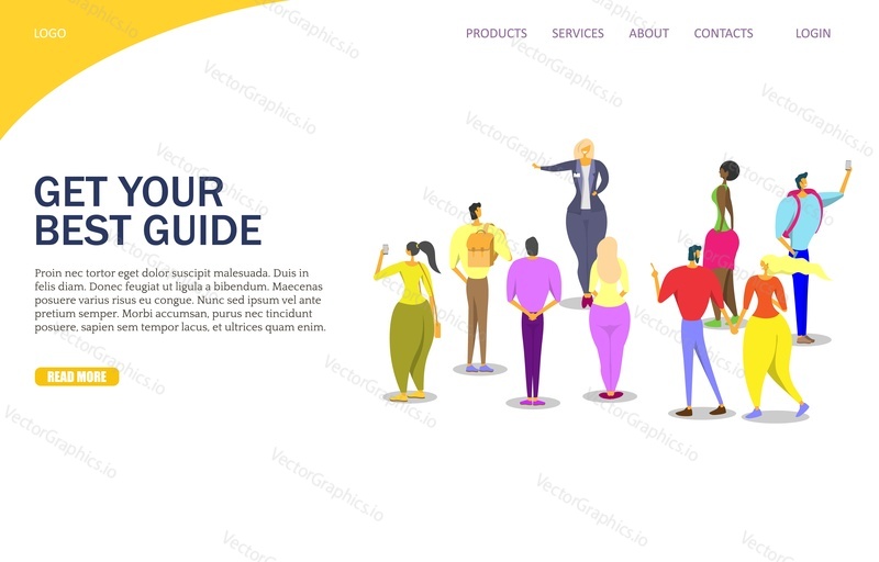 Get your best guide vector website template, web page and landing page design for website and mobile site development. Group of tourists listening to tour guide.