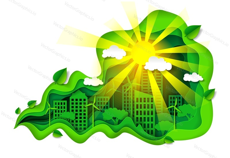 Eco green city, vector illustration in paper art modern craft style. Save the world and environment concept for web banner, website page etc.