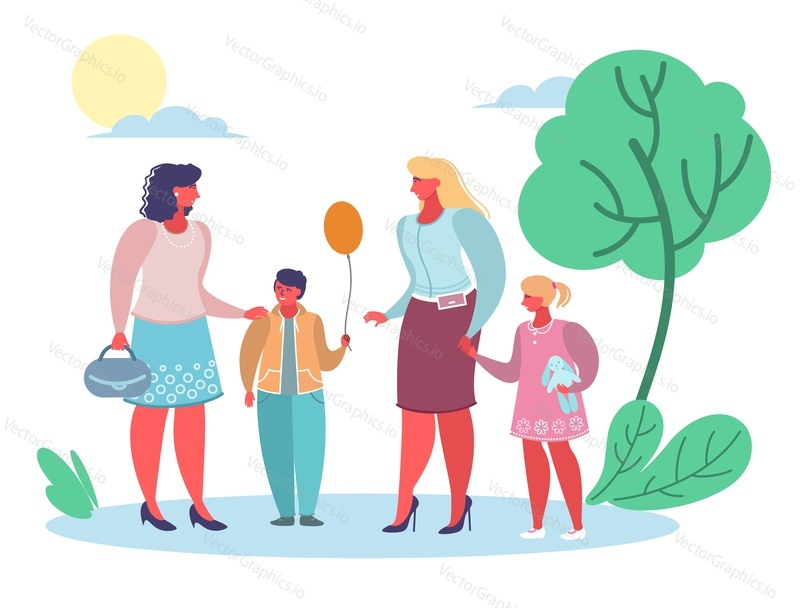 Two women mothers with their kids talking to each other, vector flat style design illustration. Young moms walking, taking rest, chatting in the park.