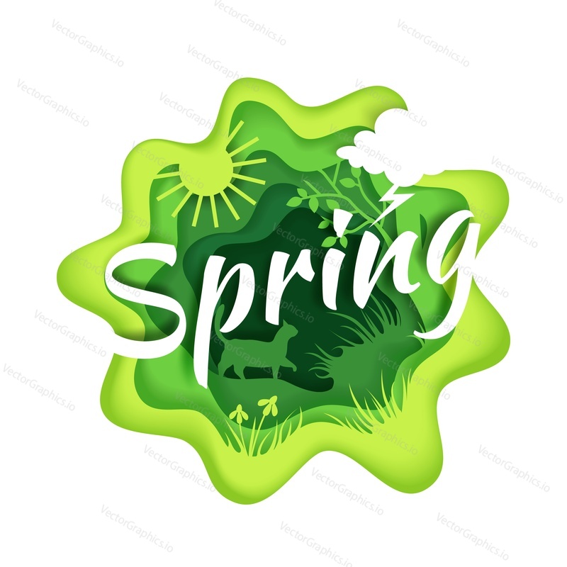 Spring creative hand lettering typography, vector illustration in paper art modern craft style. Spring season composition with paper cut green grass, flowers, sun and cat silhouettes.