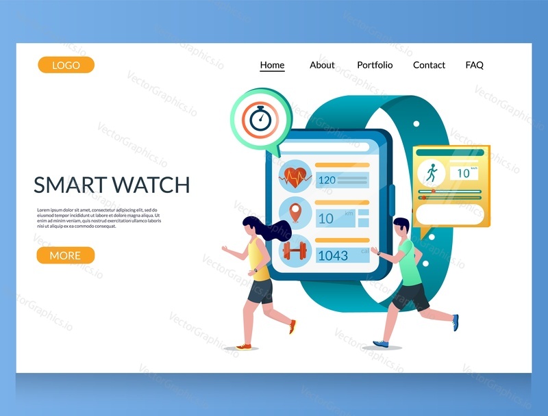 Smart watch vector website template, web page and landing page design for website and mobile site development. Fitness tracker with heart rate monitor, step counter etc, sports wearable technologies.