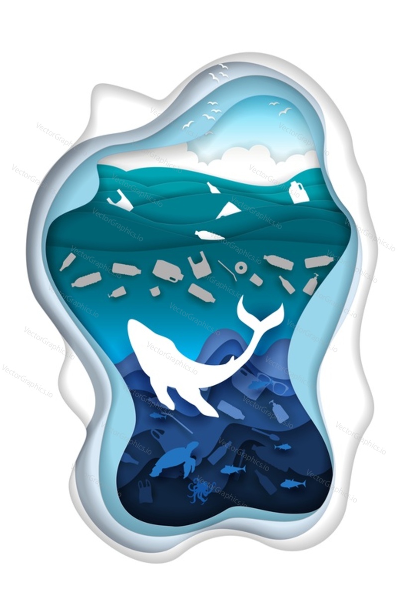 Marine pollution, vector illustration in layered paper art modern craft style. Paper cut underwater background with whale silhouette and floating plastic trash.