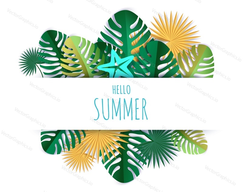 Hello Summer card tropical greenery hand lettering typography, vector illustration in paper art craft style. Beautiful paper cut summer composition with tropical palm tree and monstera plant leaves.
