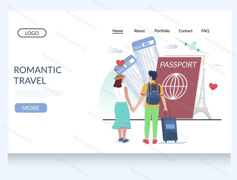 Romantic travel vector website template, web page and landing page design for website and mobile site development. Happy couple traveling together. Worldwide airplane tour, honeymoon, summer vacation.
