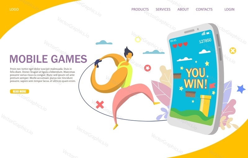 Mobile games vector website template, web page and landing page design for website and mobile site development. Game winner with joystick connected to big smartphone with You win lettering on screen.