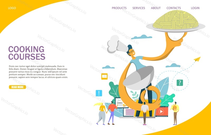 Cooking courses vector website template, web page and landing page design for website and mobile site development. Online cooking lessons or classes concept.
