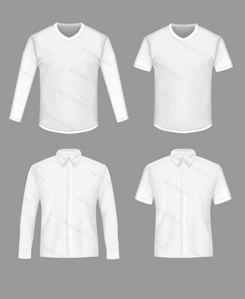 White shirt and t-shirt mockup set, vector isolated illustration. Mens realistic clothing front side template.