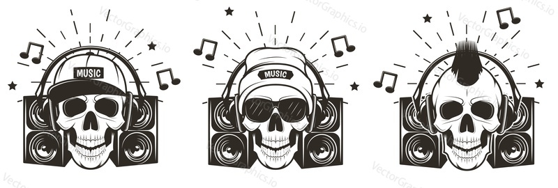 Music skull with headphones set, vector hand drawn illustration isolated on white background. Human skull with iroquois, wearing hat and cap listening to music. T-shirt graphics.