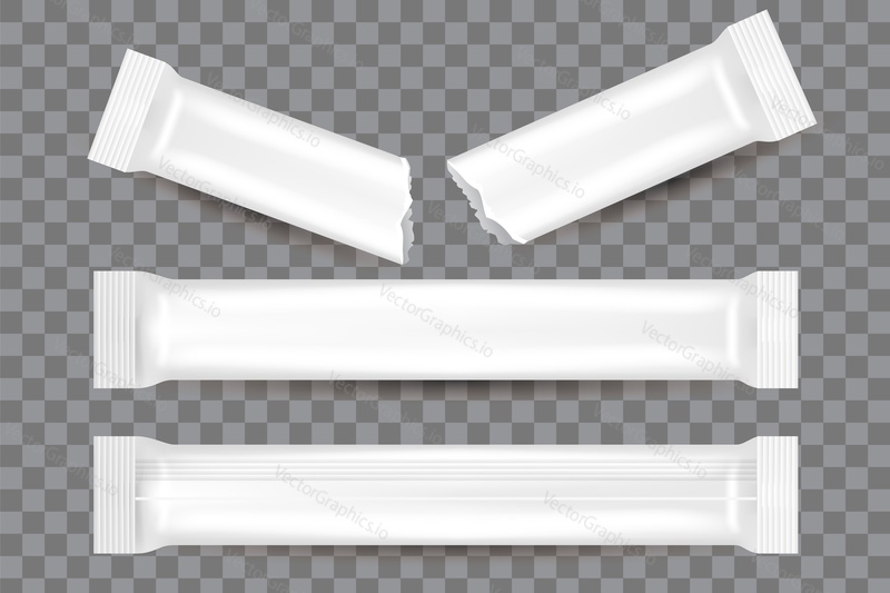 Food stick pack mockup set, vector illustration isolated on transparent background. White blank sachet packaging.