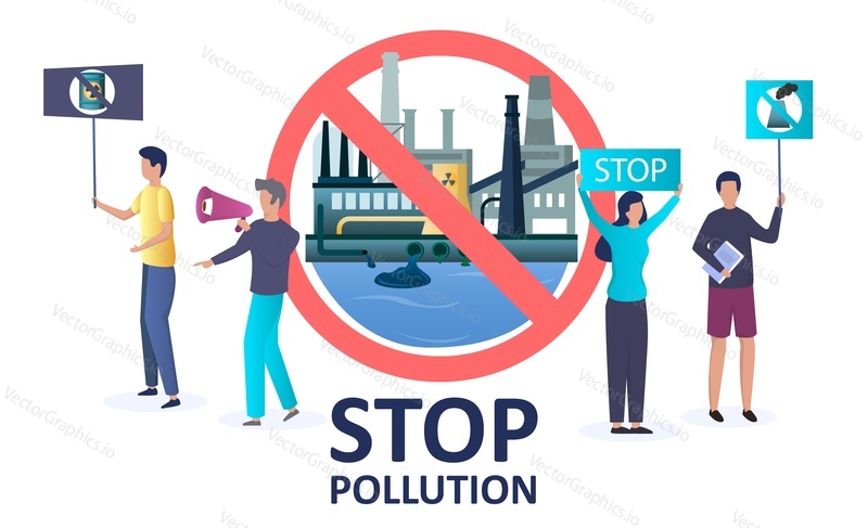 Stop pollution vector concept illustration. People with placards, slogans, banners and megaphone protesting against air and water pollution by industrial plants smog and waste discharged into rivers.