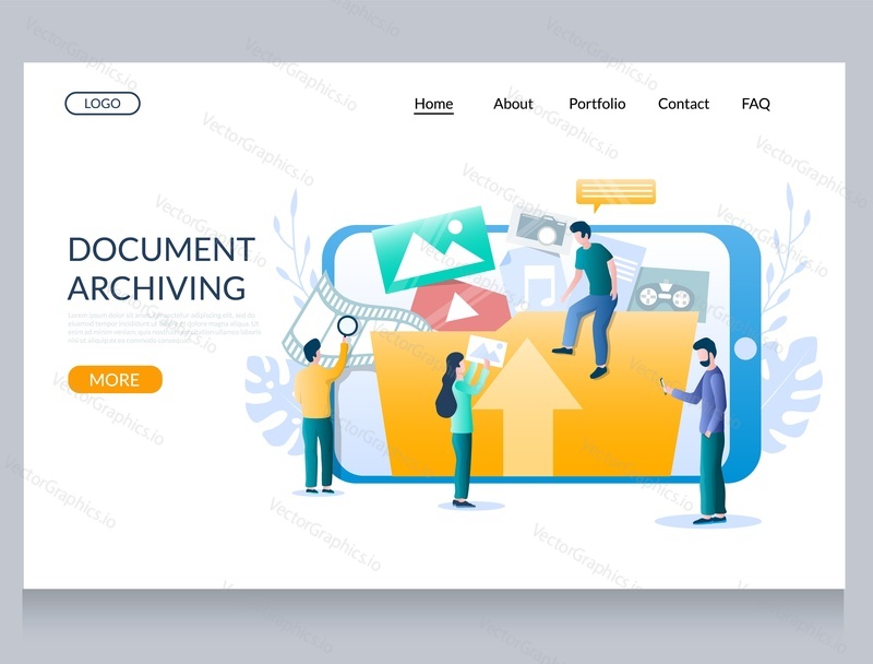 Document archiving vector website template, web page and landing page design for website and mobile site development. Smartphone music, videos, pictures archives concept with characters.