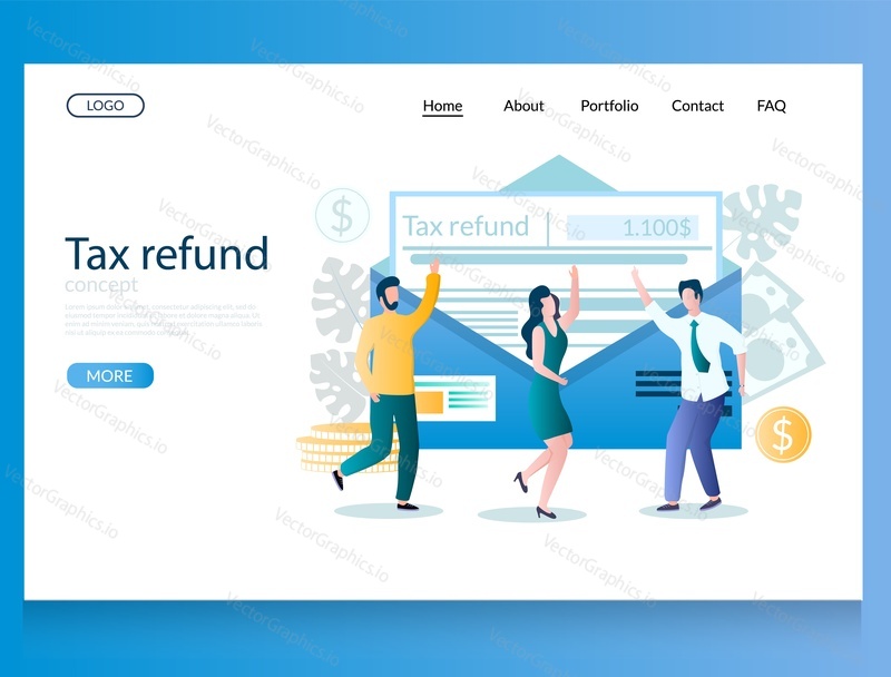 Tax refund vector website template, web page and landing page design for website and mobile site development. Tax rebate concept with characters.