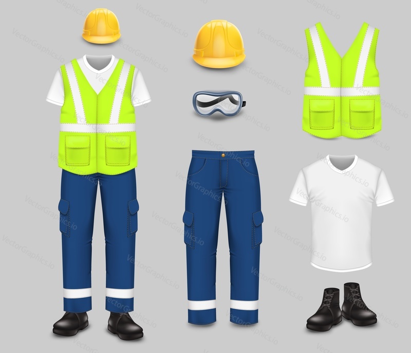 Professional work wear and uniform set, vector isolated illustration. Protective clothing and safety equipment. Realistic yellow helmet, glasses, t-shirt, shoes, vest and pants with reflective stripes