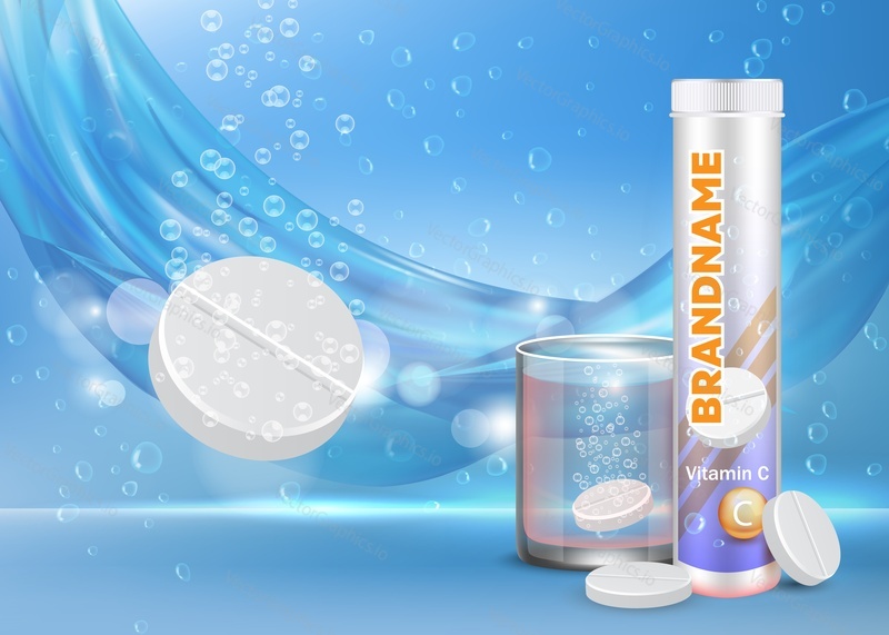 Effervescent vitamin C tablets ads. Vector realistic composition of soluble tablets pack, glass of water with fizzy pill, sparkling bubbles and copy space for poster, banner, etc.