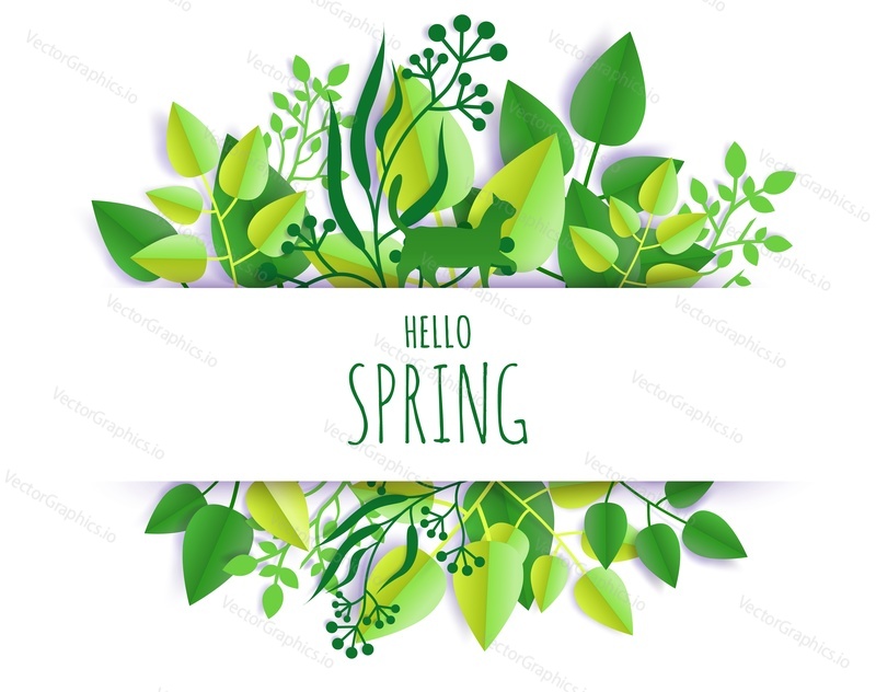 Hello Spring card hand lettering typography, vector illustration in paper art craft style. Beautiful paper cut spring composition with green foliage and cat silhouette.