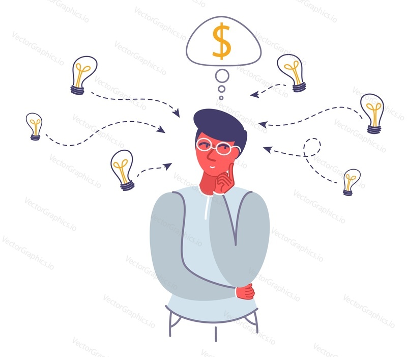 Thinking young man, light bulbs and dollar sign thought bubble around him, vector flat style design illustration. Successful idea monetization, development, making money from invention.
