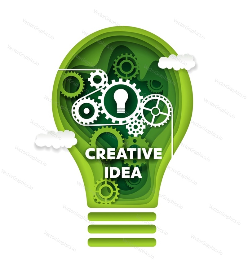Creative idea, vector concept illustration in paper art craft modern style. Papercut green gear light bulb. Innovation, creative thinking, idea generation.