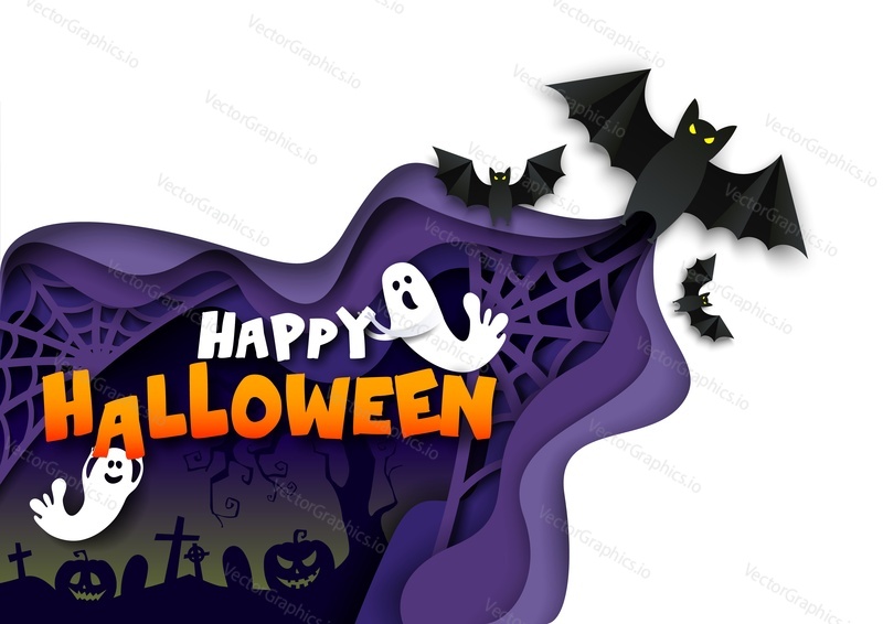 Flying bats, cute Boo ghosts, night background with cemetery with graves and dead tree, vector illustration in paper art style. Happy Halloween composition for party invitation, poster, banner etc.