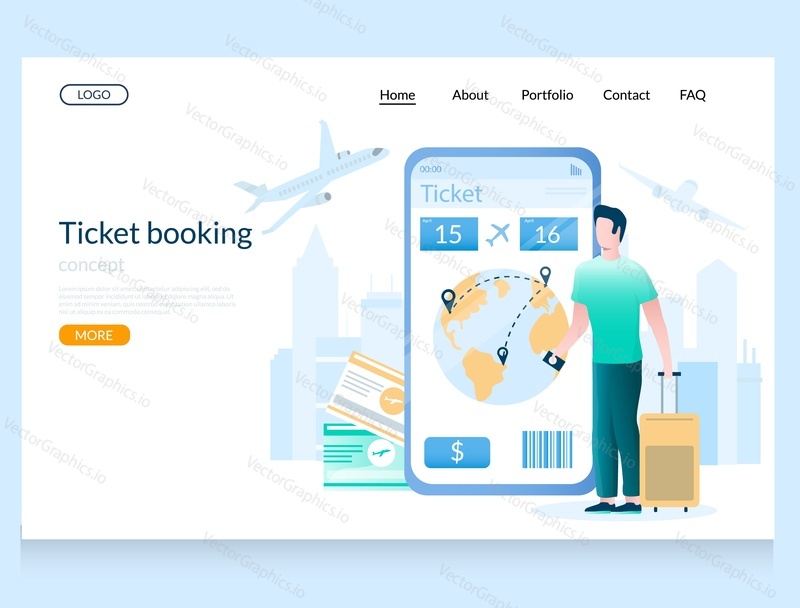 Ticket booking vector website template, web page and landing page design for website and mobile site development. Flight ticket online booking, buying via smartphone.