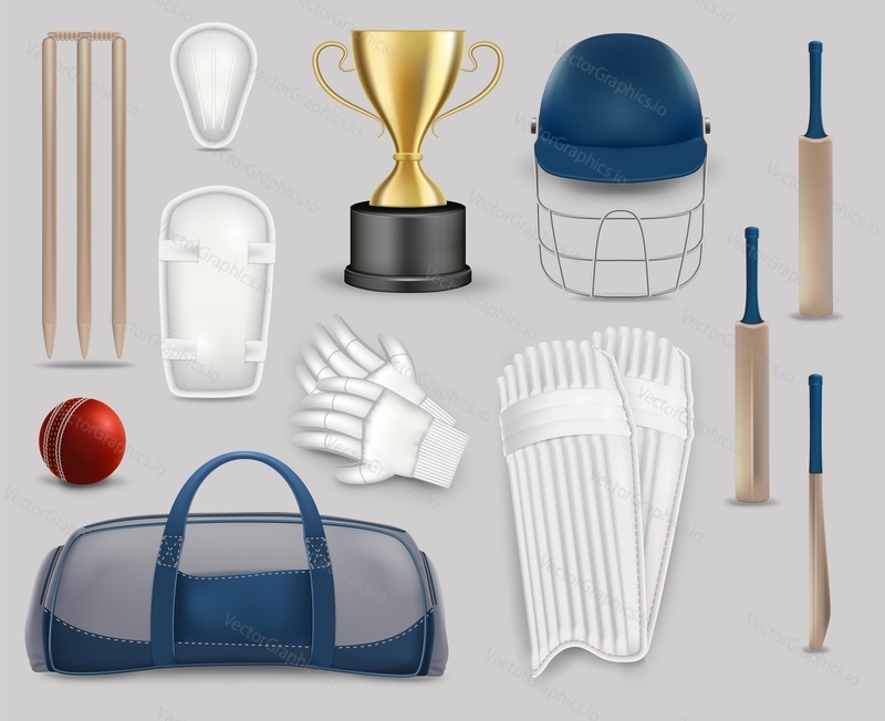 Cricket game set, vector isolated illustration. Cricket player equipment and protective gear. Realistic bat, gloves, helmet, betting leg guards or pads, ball, stump, cup, sport bag.