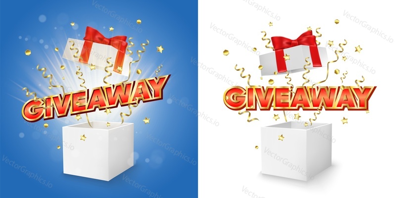 White open gift box with Giveaway word, gold serpentine and confetti explosion, vector isolated illustration. Giveaway winner concept for promo banner, poster etc.
