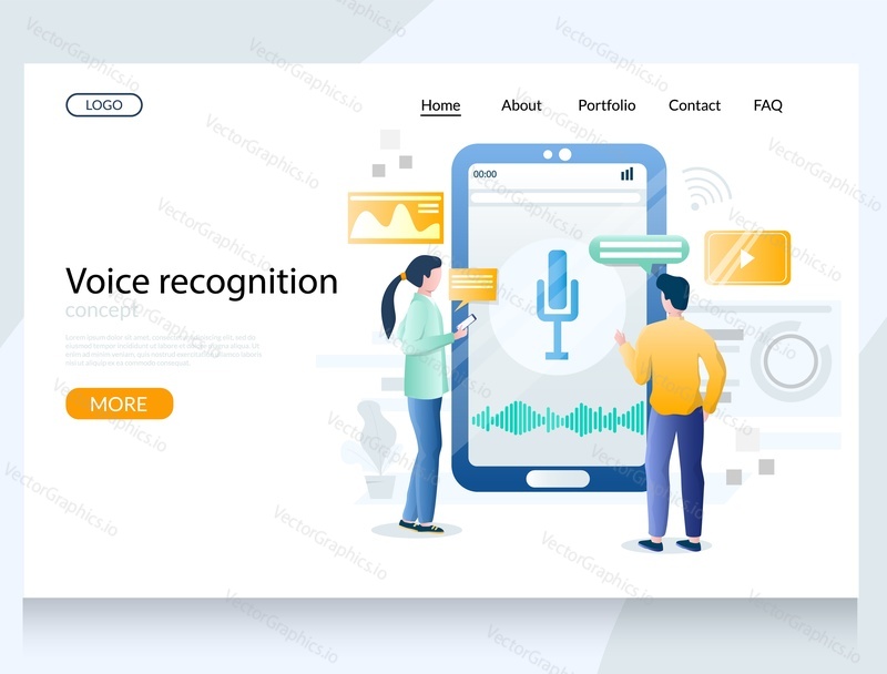Voice recognition vector website template, web page and landing page design for website and mobile site development. Speaker recognition software.