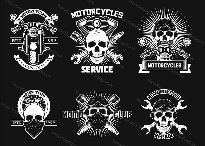 Vintage white moto skull logos, emblems, badges and labels, vector illustration isolated on black background. Motorcycle, biker skulls in helmet, goggles and face scarf, repair tools, text.