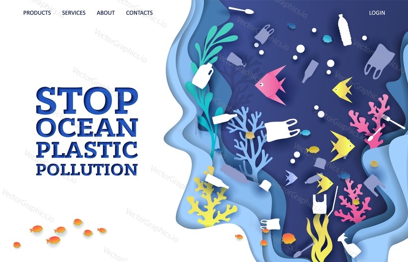 Stop ocean plastic pollution vector website template, web page and landing page design for website and mobile site development. Save water, ecology concept.