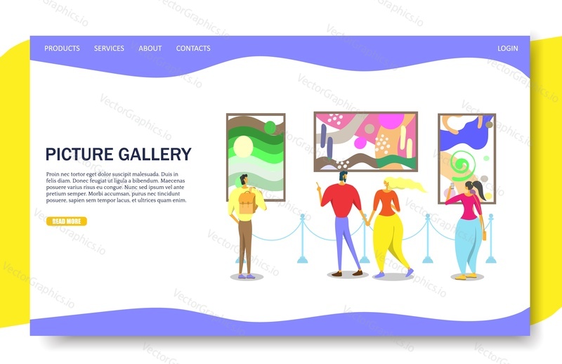 Picture gallery vector website template, web page and landing page design for website and mobile site development. Art museum visitors viewing modern abstract art painting collection on the wall.