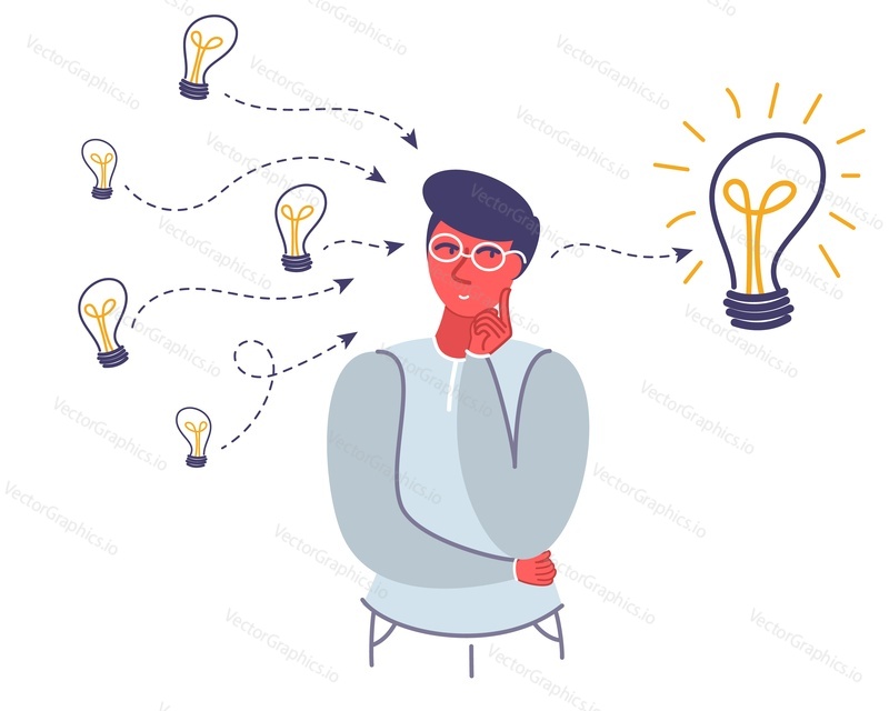 Thinking young man and light bulbs, vector flat style design illustration. Search for ideas, generation of innovative ideas concept for web banner, website page etc.
