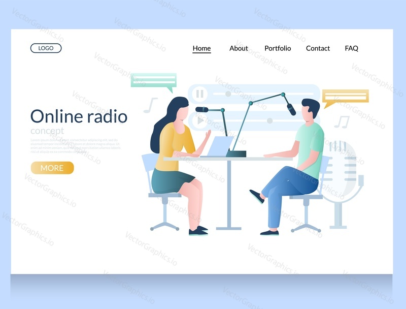 Online radio vector website template, web page and landing page design for website and mobile site development. Podcasting, online broadcasting concept with characters man and woman making podcast.