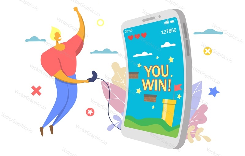 Mobile gaming poster banner design template, vector flat illustration. Gamer with joystick connected to big smartphone with You win lettering on screen.