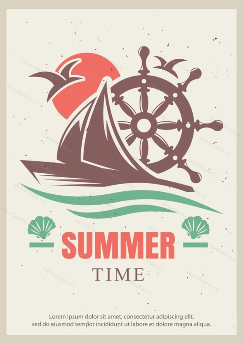 Summer time grunge typography poster design template, vector illustration in retro style. Cruise vacation, yacht trip concept for banner, flyer.