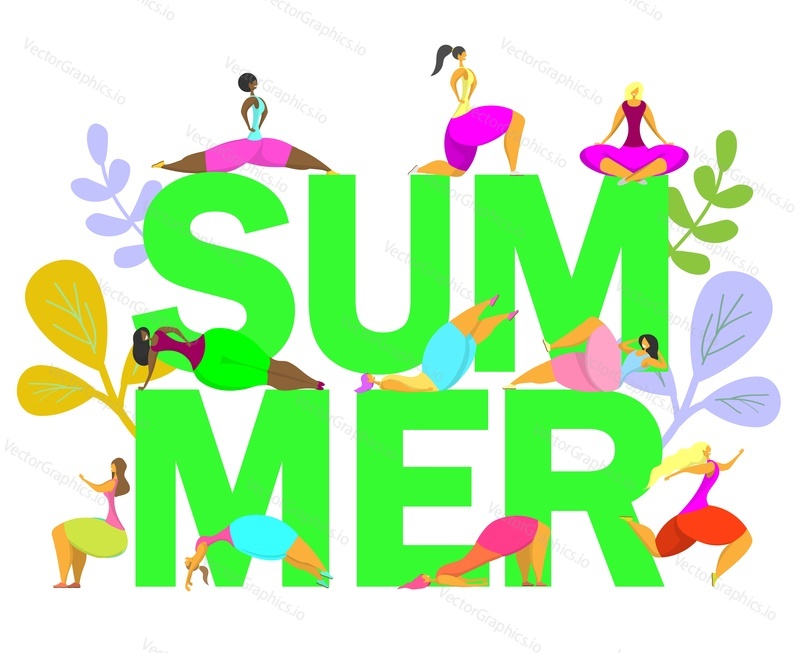 Summer fitness poster banner design template, vector flat illustration. Summer word in capital letters with women doing fitness and yoga exercises, running. Healthy lifestyle concept.