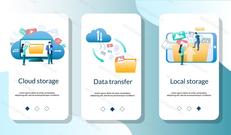 Cloud and local storage, Data transfer mobile app onboarding screens. Menu banner vector template for website and application development. Cloud technology.