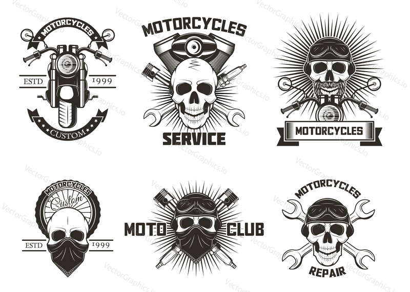 Vintage black moto skull labels, logos, emblems, badges vector illustration isolated on white background. Moto club, motor bike repairs and motorcycle service typography design.