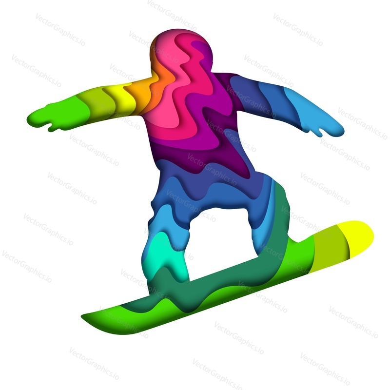 Layered paper cut colorful snowboarder silhouette, vector illustration in paper art style. Winter sports and recreational activities creative idea.