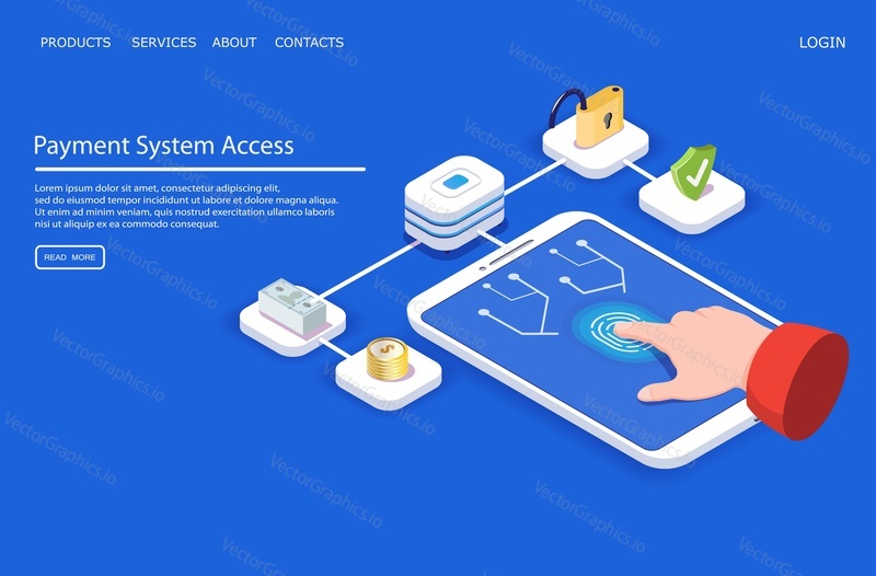 Payment system access vector website template, web page and landing page design for website and mobile site development. Personal data protection, mobile payment concepts.